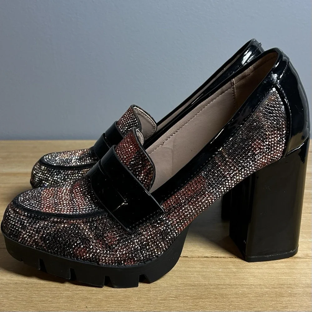 Betsey Johnson Multicolor Plaid Rhinestone Adelyn Chunky Platform Loafer Pumps
